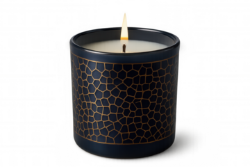 Luxury candle glowing with vibrant flame, positioned in sleek dark blue and gold vessel against transparent backdrop