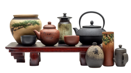Japanese Tea Ceremonies: Serene Japanese tea ceremonies with traditional tea sets and tranquil surroundings, isolated on a Transparent background, PNG file.