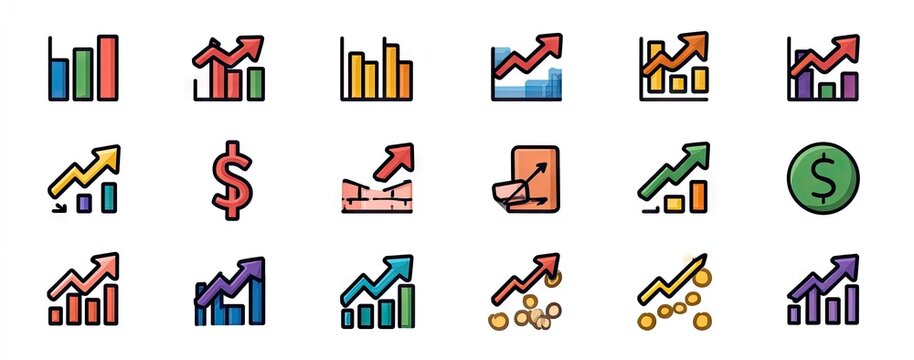 Colorful illustration of financial growth icons, including charts and dollar signs