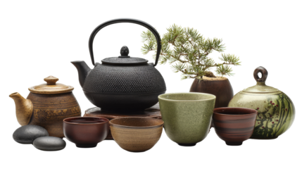 Japanese Tea Ceremonies: Traditional Japanese tea ceremonies with teapots, cups, and tranquil settings, isolated on a Transparent background, PNG file.