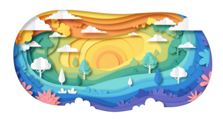 Layered landscape illustration with paper art style and vibrant coloration
