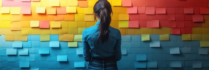 A teenage girl surrounded by blue, red, and yellow sticky notes reflects the complexity of autism in youth and communication challenges