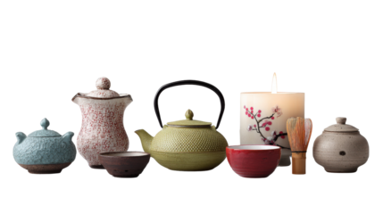 Japanese Tea Ceremonies: Traditional Japanese tea ceremonies with delicate teapots, tea cups, and serene settings, isolated on a Transparent background, PNG file.