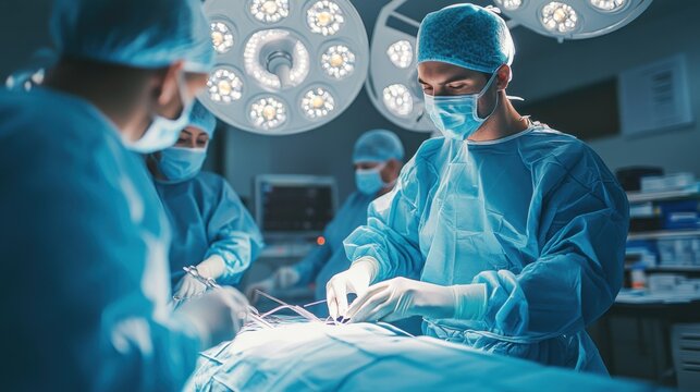 Man patient during rhinoplasty surgery with doctor nearby, medical instruments visible, sterile environment, soft clinical light