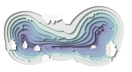 Paper art landscape with stylized trees, clouds, and layered topography