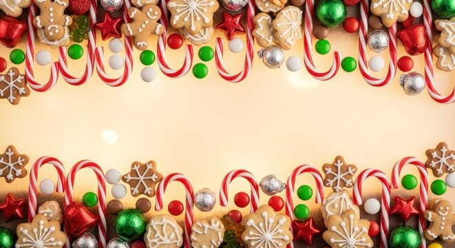 A festive holiday border with gingerbread cookies, candy canes, colorful candies, and ornaments arranged against a warm, blurred background