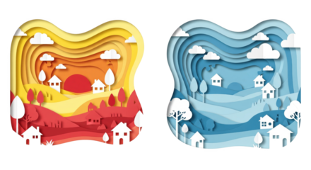 Day and night paper cut illustrations showcasing contrasting landscapes