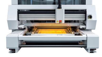 Modern laser cutter for precise medical equipment manufacturing, isolated on a Transparent background, PNG file.
