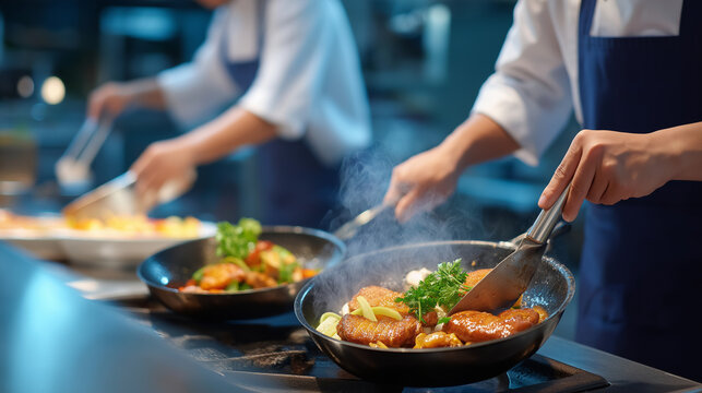 An intern assists a chef in a restaurant kitchen with pans sizzling ingredients chopping plating stations bustling and waitstaff rushing orders captured in a flavorful photo
