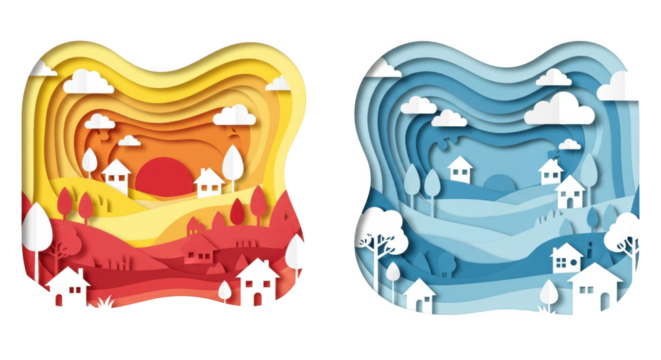 Day and night paper cut illustrations showcasing contrasting landscapes