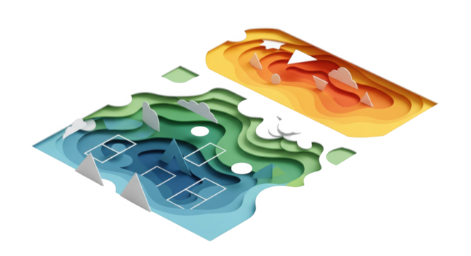 Isometric layered paper landscape with geometric forms and vibrant hues