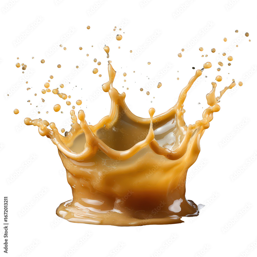 Poster liquid splash of creamy caramel on a white background capturing dynamic movement and texture in high