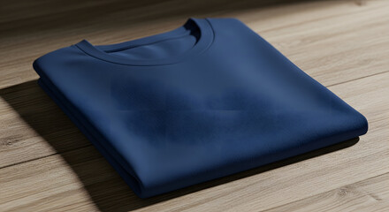 A plain navy blue crewneck sweatshirt neatly folded on a wooden surface, showcasing its simple design and comfortable fabric