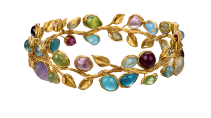Nature-inspired bracelet featuring intertwining vines and colorful gemstones, isolated on a Transparent background, PNG file.