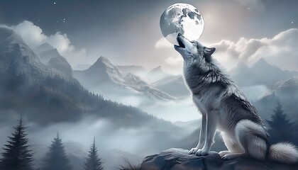 Grey Wolf Howling at the Moon in a Misty Mountain Landscape