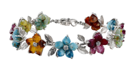 Nature-inspired bracelet featuring vibrant gemstone flowers and silver vines, isolated on a Transparent background, PNG file.