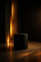 Luxury Black Podium in Warm Architectural Lighting – Night Interior Scene