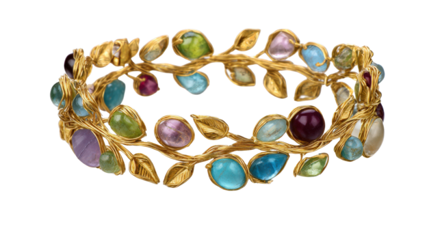 Nature-inspired bracelet featuring intertwining vines and colorful gemstones, isolated on a Transparent background, PNG file.