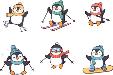Cute winter penguins doing winter sports, skiing, snowboarding, ice skating, cold weather, cartoon animals in snow, children illustration fun