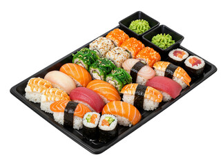 A large and diverse sushi platter filled with various nigiri and maki rolls beautifully arranged transparent background