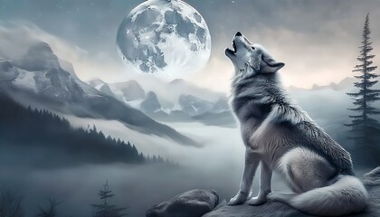 Grey Wolf Howling at the Moon in a Misty Mountain Landscape