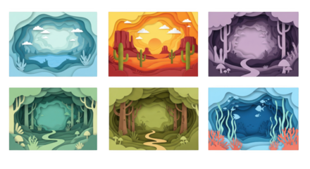 A collection of nature's landscapes depicted through intricate papercut illustrations