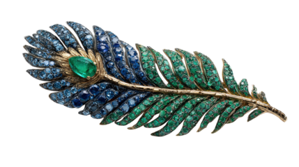 Nature-inspired brooch shaped like a feather with emeralds and sapphires, isolated on a Transparent background, PNG file.