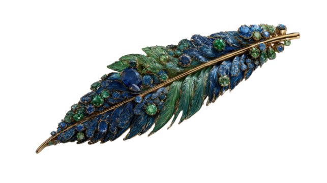 Nature-inspired brooch shaped like a feather with emeralds and sapphires, isolated on a Transparent background, PNG file.