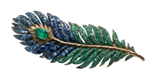 Nature-inspired brooch shaped like a feather with emeralds and sapphires, isolated on a Transparent background, PNG file.