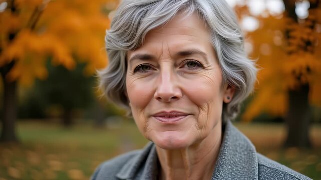 Intimate portrait of a stunning 61-year-old Canadian woman with a captivating gaze, isolated against a vibrant autumn backdrop in 4k video footage