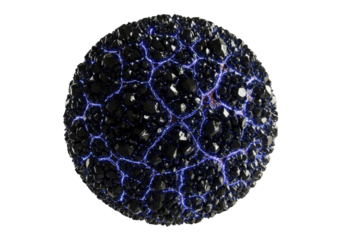 Colossal enigmatic planetoid with dark crystalline mosaic surface & pulsating neon blue/purple veins, transparent studio background, copy space, concept of cosmic wonder