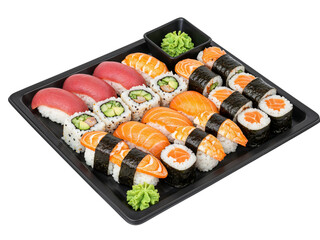 Assortment of freshly made sushi and rolls artfully arranged in a black tray transparent background