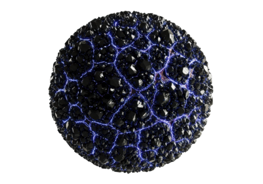 Colossal enigmatic planetoid with dark crystalline mosaic surface & pulsating neon blue/purple veins, transparent studio background, copy space, concept of cosmic wonder