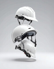 Three white safety helmets stacked, showcasing design and protective features for construction and industrial work.