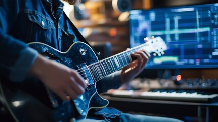 Musician creates original track using electric guitar and digital software in home studio setting