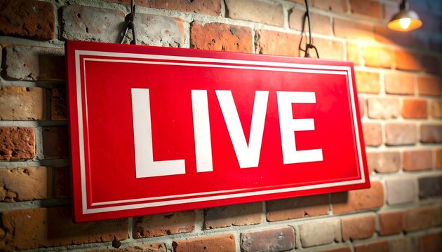 Red rectangular sign with white lettering reading "LIVE" hangs on a brick wall