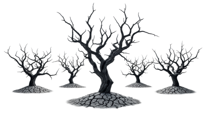 Skeletal charcoal-grey gnarled trees, no leaves, from cracked earth, isolated on seamless transparent background with high-key lighting, concept of resilience