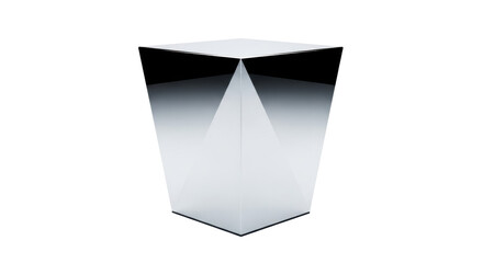 futuristic, sleek chrome plinth with sharp geometric angles, highly reflective, isolated against a transparent studio background with copy space, bright shadowless illumination, cutting-edge