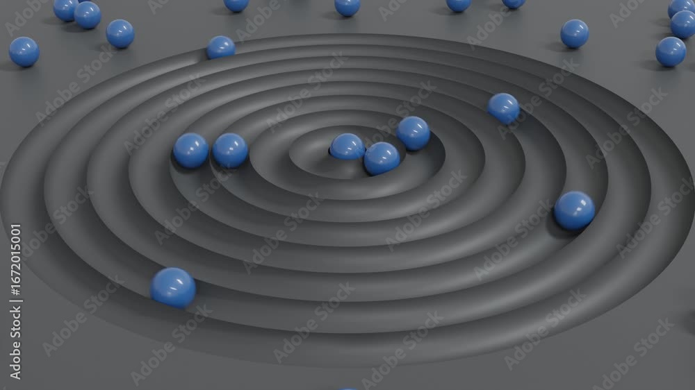 Poster 3d abstract background featuring glowing blue spheres moving in circular paths inside carved grooves