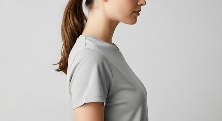 Side profile of a young woman with a neat ponytail, wearing a light grey short-sleeve t-shirt in a studio setting, emphasizing minimalist fashion, comfort, and versatile everyday apparel