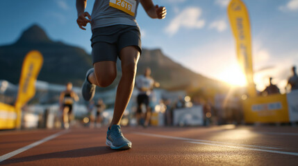 A senior organizes a charity run on a school track with runners stretching banners waving water stations set up and spectators cheering shown in a spirited photo with motion