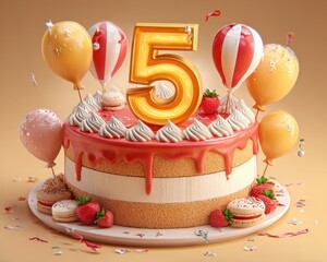 Happy 5Th Birthday. Celebrate with Cheerful 3D Illustration of Party Celebration