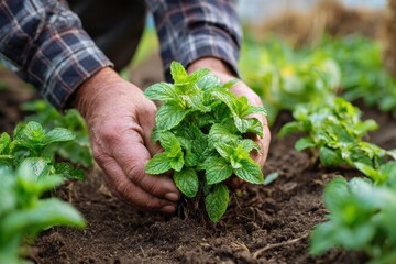 Hands Protect Peppermint Plant Growth at Vegetable Garden. Fresh Day in Peppermint Field
