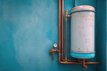 Aged water heater with copper pipes on a textured teal wall, with a gauge
