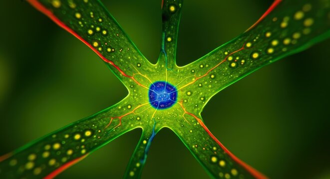 Detailed Magnified Algae Cell with a Blue Nucleus and Chloroplasts

