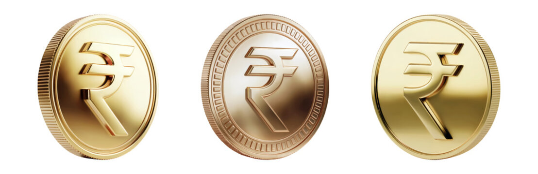 Shiny gold coins featuring the Indian Rupee symbol radiate wealth and financial prosperity isolated on png transparent background