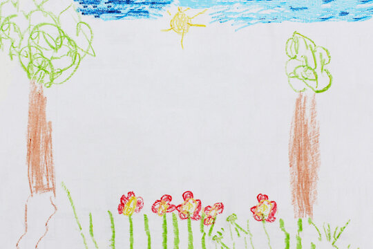 Real drawing of small child. Drawing by pencils. Two trees in a meadow with flowers and the sun in the sky on a white background