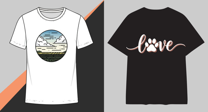 Two stylish t shirts one white with a scenic oval graphic and one black with a love paw print design