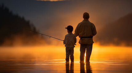 An adventurous grandpa takes his 9 year old grandson fishing by a calm lake at dawn with rods hooked bait boxes open and mist rising over the water as birds chirp illustrated