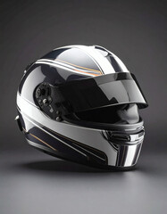 A sleek black and white full-face motorcycle helmet with a dark visor, professionally photographed against a dark background.